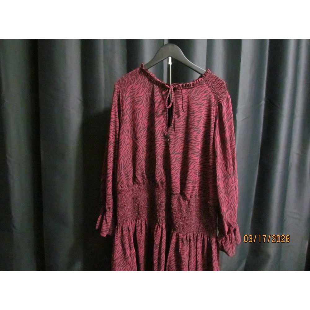Burgundy Zebra Print‎ Smocked Waist Ruffle Neck Long Sleeve Mini Dress